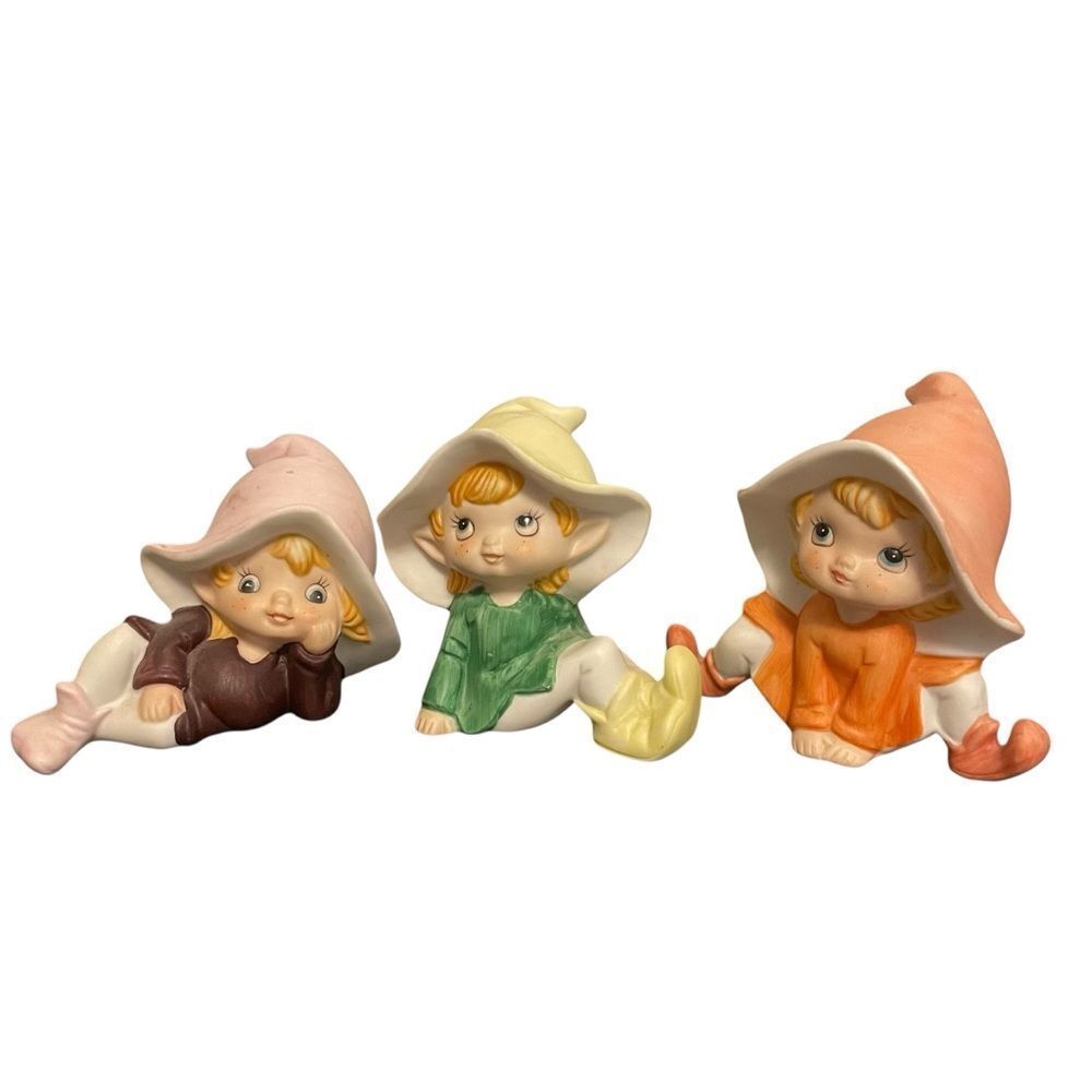 Vintage Homco Ceramic Pixie Elf Gnomes Set of 3 Figurines Brown Green Orange